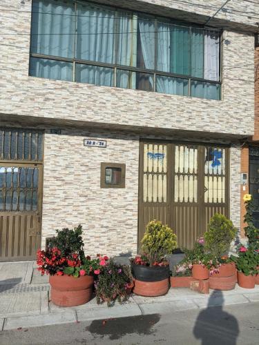 una fila de macetas de flores delante de un edificio en Hostel Casa Alb, en Bogotá