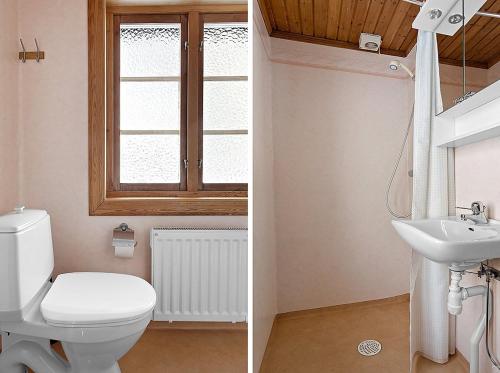 two pictures of a bathroom with a toilet and a sink at Björnbyn in Sälen