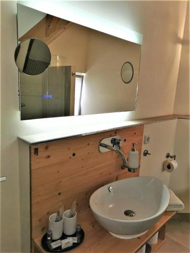 a bathroom with a sink and a mirror at Pension Bella Vista - Winzerhof Golk in Meißen