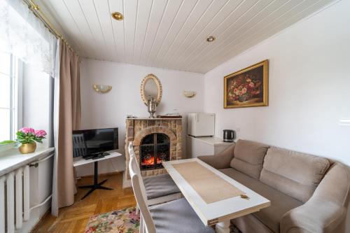 a living room with a couch and a fireplace at Willa Gencjana in Szklarska Poręba