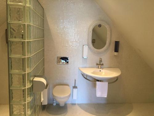 a bathroom with a sink and a toilet and a mirror at Nørbygaard Fanø in Fanø