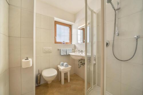 La salle de bains est pourvue de toilettes, d'un lavabo et d'une douche. dans l'établissement Ferienwohnung Hirzer Edelweiss, à Avelengo