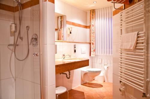 uma casa de banho com um WC, um lavatório e um chuveiro em Visbek Hotel Stüve em Visbek