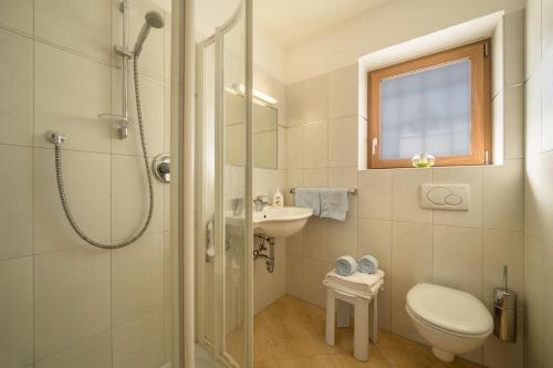 アヴェレンゴにあるFerienwohnung Ifinger Edelweissのバスルーム(トイレ、洗面台、シャワー付)