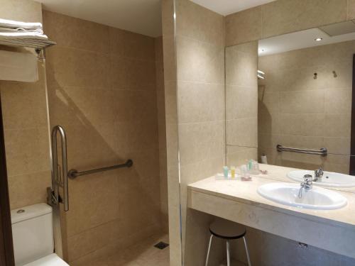 ein Badezimmer mit einem Waschbecken, einem WC und einem Spiegel in der Unterkunft Vinacua in Sos del Rey Católico