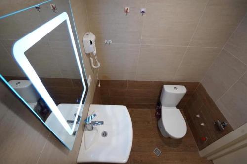 a bathroom with a white toilet and a mirror at Park Residence Forest View in Bakuriani