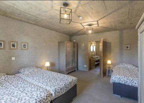 a bedroom with two beds and a ceiling with lights at La Grange de Victor in Léglise