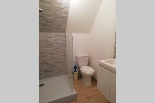a white bathroom with a toilet and a sink at Les Maisons du Marais in Groléjac
