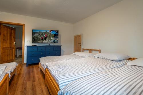 a bedroom with two beds and a tv on the wall at Chalupa Pri Grúni in Zázrivá