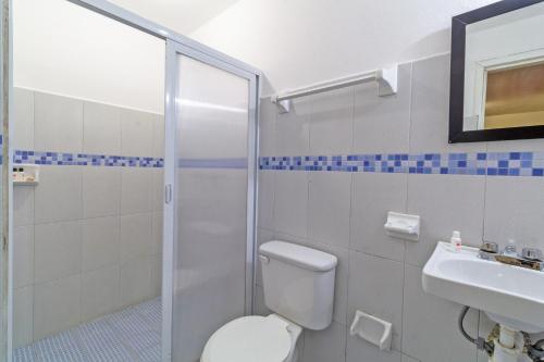 ein Badezimmer mit Dusche, Toilette und Waschbecken in der Unterkunft Hotel Dulce Luna in San Cristóbal de las Casas