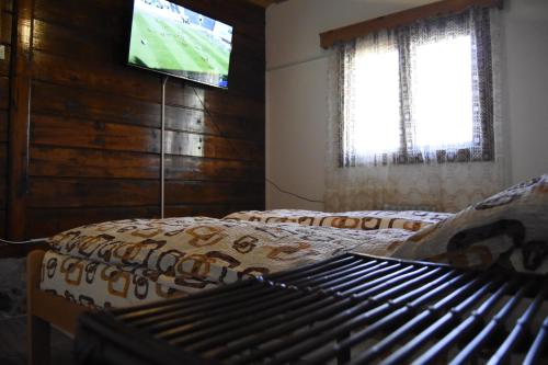 a bedroom with a bed and a flat screen tv at Planinska kuća Divčibajka in Valjevo
