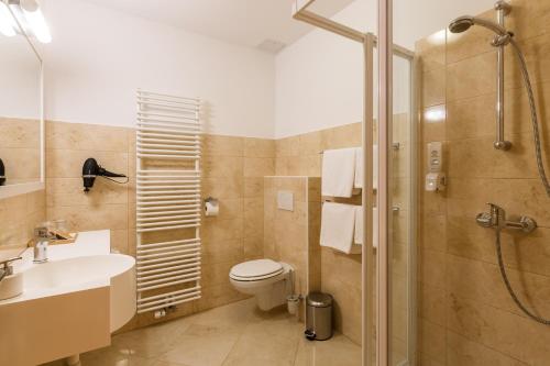 a bathroom with a toilet and a shower and a sink at Penzion Kaps in Bled