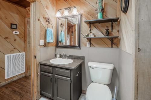 ein Bad mit einem WC und einem Waschbecken in der Unterkunft Wooded Bliss Hot Tub Single level Cabin with no Steps Rocking Chairs and Wooded Views in Pigeon Forge