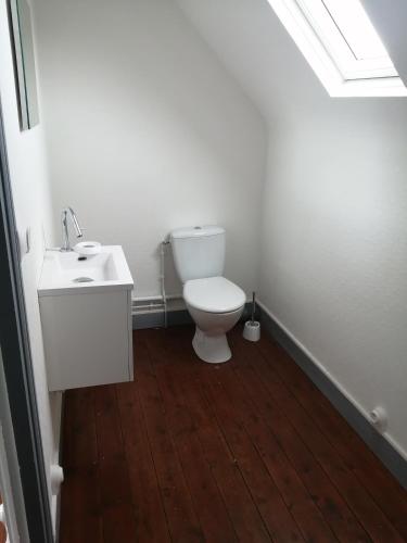 une salle de bain avec toilettes et lavabo dans l'établissement Le Gîte Mayann, à Saint-Pierre-en-Port
