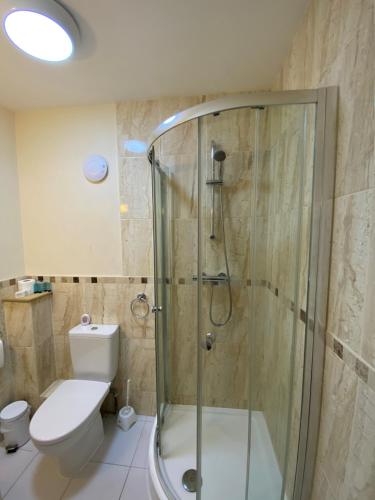 a bathroom with a shower and a toilet at Buckingham Hotel in High Wycombe