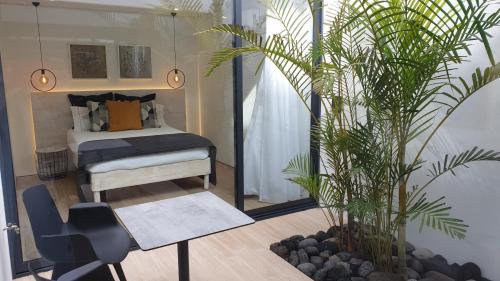 een slaapkamer met een bed en een potplant bij Home at Azores - Oasis House in São Roque