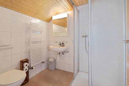 een badkamer met een wastafel, een toilet en een douche bij Swiss Mountain Golf-Restaurant Gonten in Gonten