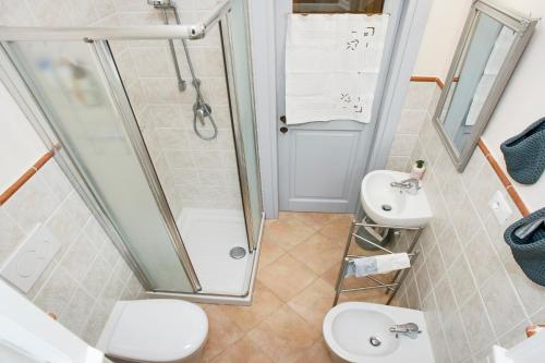 e bagno con doccia, servizi igienici e lavandino. di Casa Natura & Relax-Goelba a Marciana