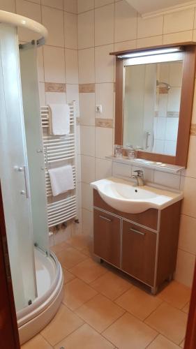 a bathroom with a sink and a mirror and a tub at Vila Ivankovic Buna in Buna