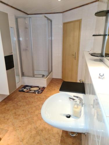 y baño con lavabo blanco y ducha. en Ferienwohnung Kottmarsdorf Löbauer Strasse 11, en Kottmar