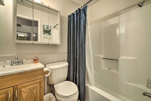 ein Bad mit einem WC, einem Waschbecken und einer Dusche in der Unterkunft Bright College Station Abode 3 Mi to Kyle Field in Bryan