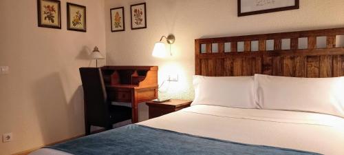 a bedroom with a bed and a desk with a lamp at Hostal Rural Moratín in Pastrana