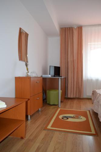 a living room with a bed and a desk in a room at Pensiunea Bujor de Munte in Petroşani