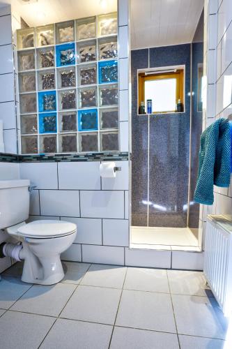 a bathroom with a shower and a toilet at Lann Dearg Studios in Invermoriston