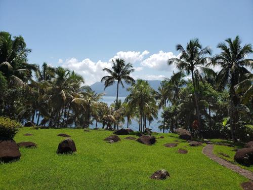 a field of grass with rocks and palm trees at Elephant GuestHouse Beira Mar - Suítes com Café da Manhã in Ilhabela
