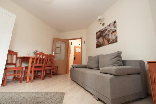 a living room with a couch and a table at Apartament IKAR blisko morza in Pobierowo