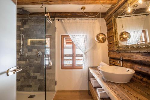 un bagno con lavandino e doccia in vetro di Obereggeralm a Valdaora