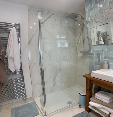 ein Badezimmer mit Dusche und Waschbecken in der Unterkunft Blue Haven in Brighton & Hove