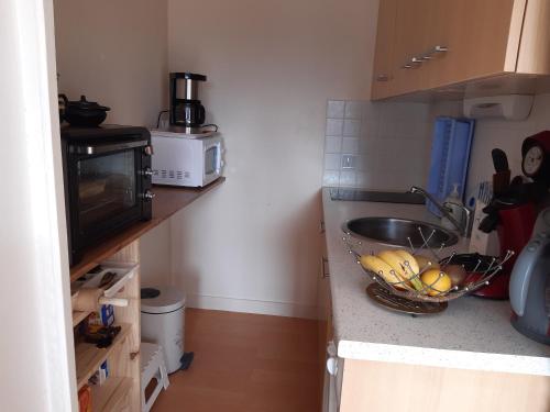 uma cozinha com um lavatório e uma taça de fruta em Près de la mer em Le Pouliguen