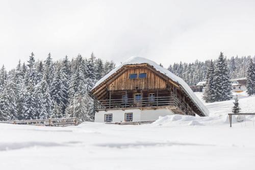 una grande baita di tronchi nella neve con alberi di Obereggeralm a Valdaora