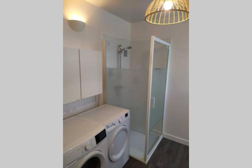 een badkamer met een wasmachine en een douche bij Studio Guest House à 5 minutes de Caen in Fontaine-Étoupefour