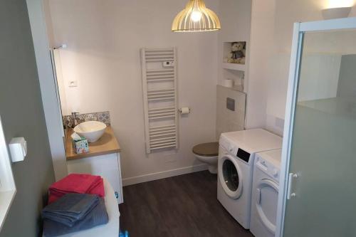 a bathroom with a washing machine and a toilet at Studio Guest House à 5 minutes de Caen in Fontaine-Étoupefour