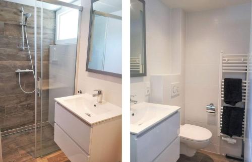 twee foto's van een badkamer met wastafel en toilet bij KASITA12 in Domburg
