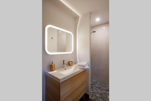 a bathroom with a sink and a mirror and a shower at L'Annexe du Tilleul in Septeuil