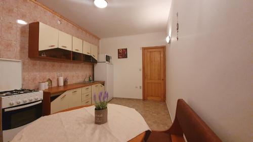 a kitchen with a table with a vase of flowers on it at Vila Panselutelor 6 in Sinaia