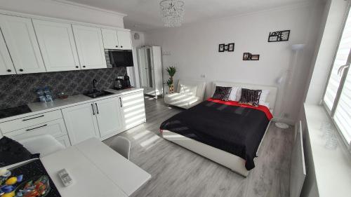 a small bedroom with a bed and a kitchen at Sunny Apartments Gorlice in Gorlice