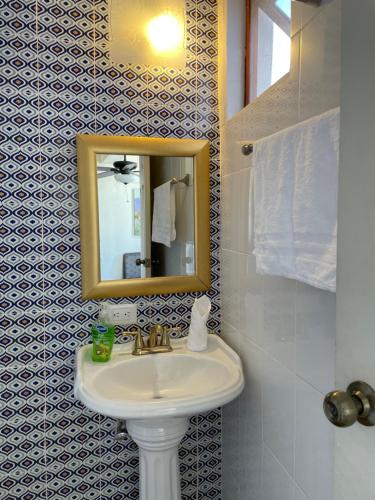 W łazience znajduje się umywalka i lustro. w obiekcie Hotel Casa San Miguel w mieście San Miguel de Allende
