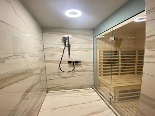 a bathroom with a shower with a phone on the wall at Vineyard cottage Radulja in Smarjeske Toplice