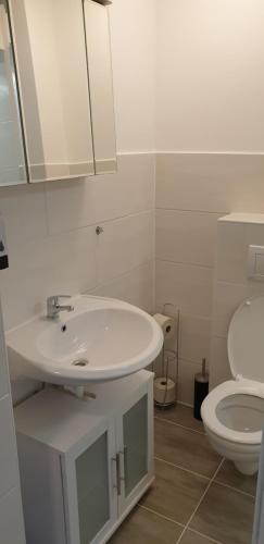 a bathroom with a white sink and a toilet at Betterhome Apartments am Stadion I Free Parking I Self Check-in in Graz