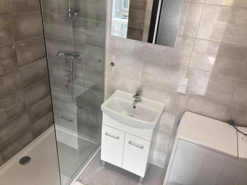 een badkamer met douche en wastafel bij Apartament Prusa in Lublin