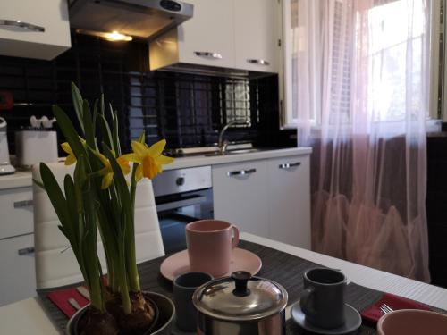 a kitchen with a flower in a vase on a counter at La CasAffittiera Apartments Group in Anzio