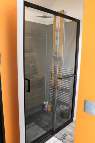 La salle de bains est pourvue d'une douche avec une porte en verre. dans l'établissement Suite Lanfon - Le Clos des Frasses, à Chainaz-les-Frasses