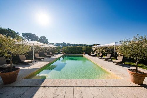 a large swimming pool with chairs and umbrellas at Chambre d'hôtes Château Gigognan in Sorgues