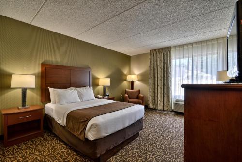 a hotel room with a bed and a chair at Clarion Inn & Suites - University Area in Cortland