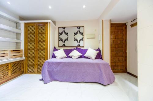 Un dormitorio con una gran cama púrpura con almohadas en Z29- Estudio en el centro de Madrid Wifi, en Madrid