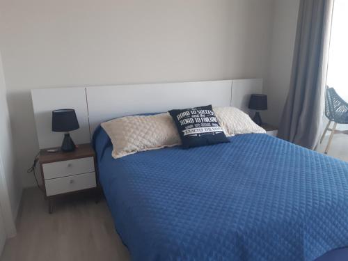 a bedroom with a blue bed with two pillows on it at Pacifico 802 in Arica